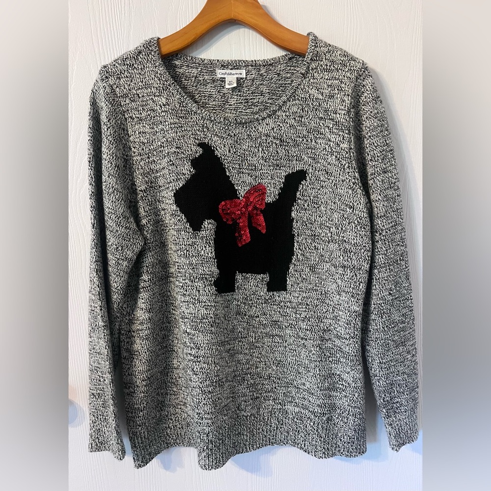 Croft & Barrow Grey Puppy Dog Sweater with Red Sequin Bow. Size-XLarge